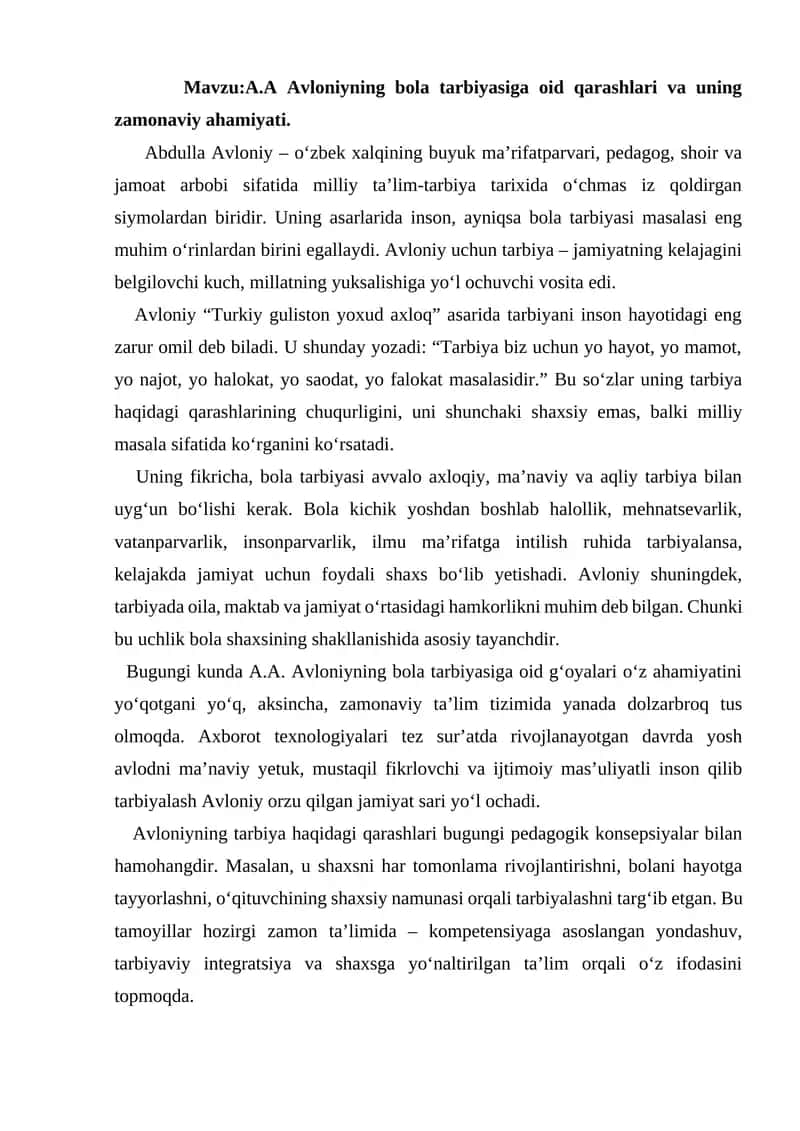 A.A Avloniyning bola tarbiyasiga oid qarashlari va uning zamonaviy ahamiyati