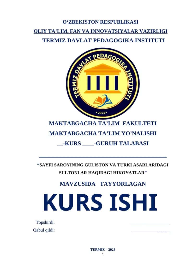 "SAYFI SAROYINING GULISTON VA TURKI ASARLARIDAGI SULTONLAR HAQIDAGI HIKOYATLAR"