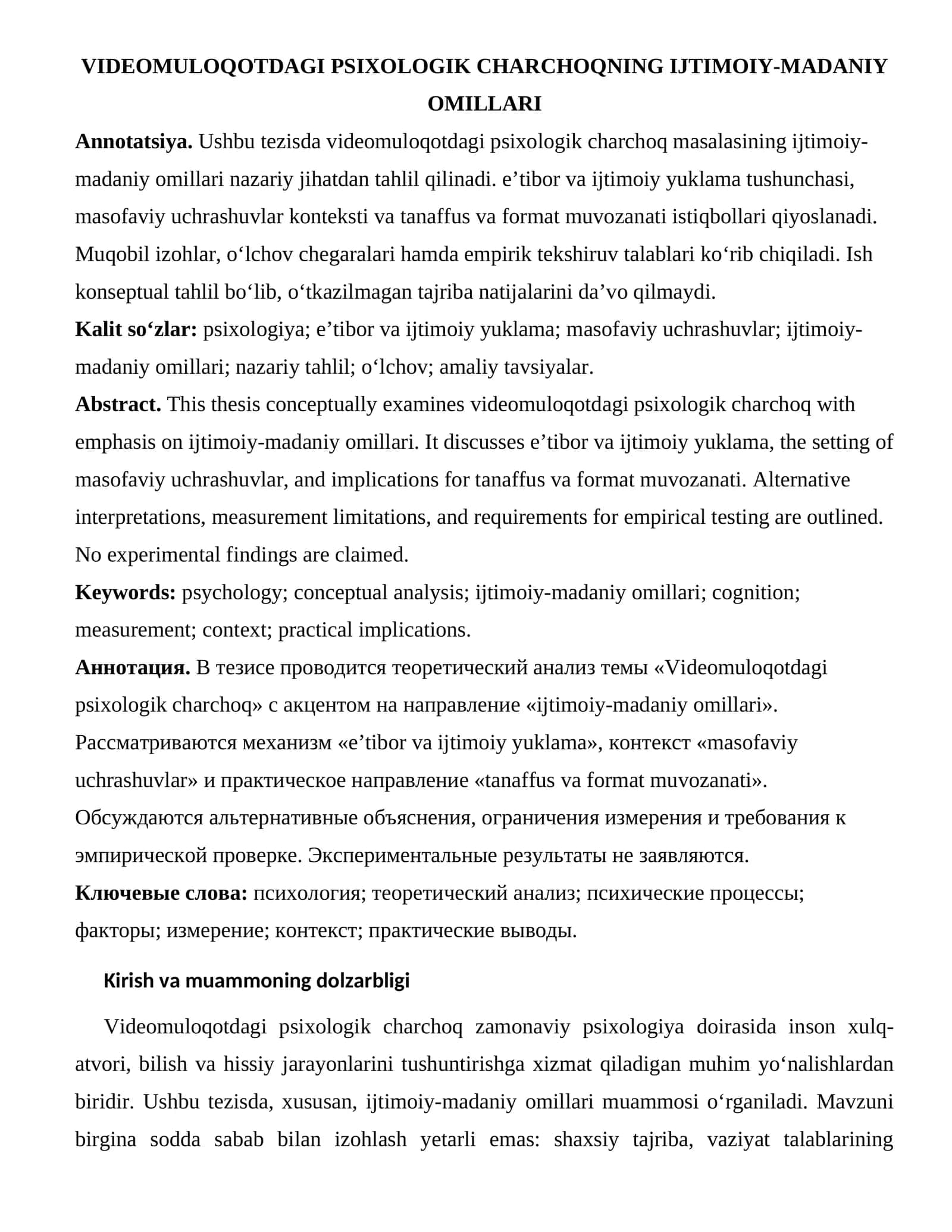 VIDEOMULOQOTDAGI PSIXOLOGIK CHARCHOQNING IJTIMOIY-MADANIY OMILLARI