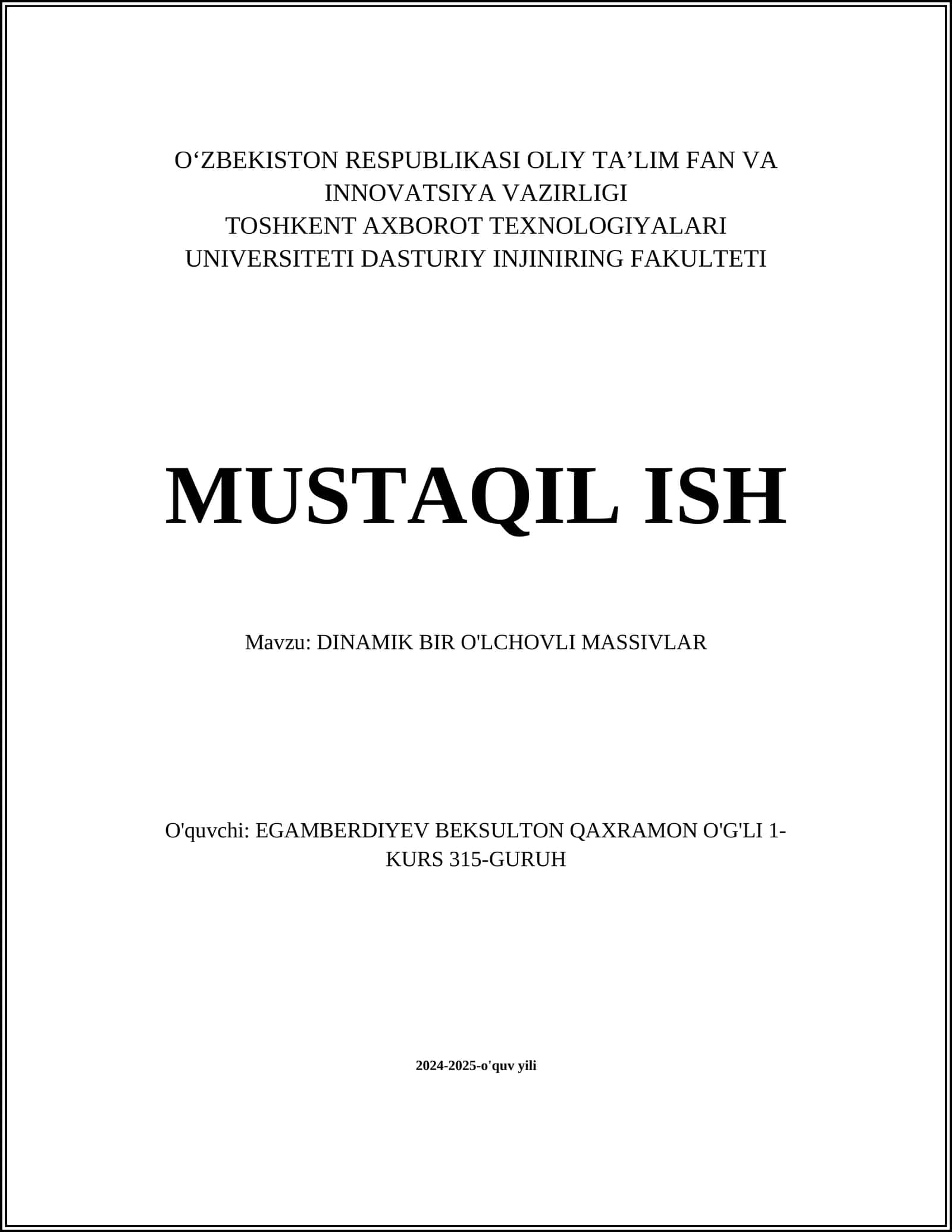 DINAMIK BIR O'LCHOVLI MASSIVLAR
