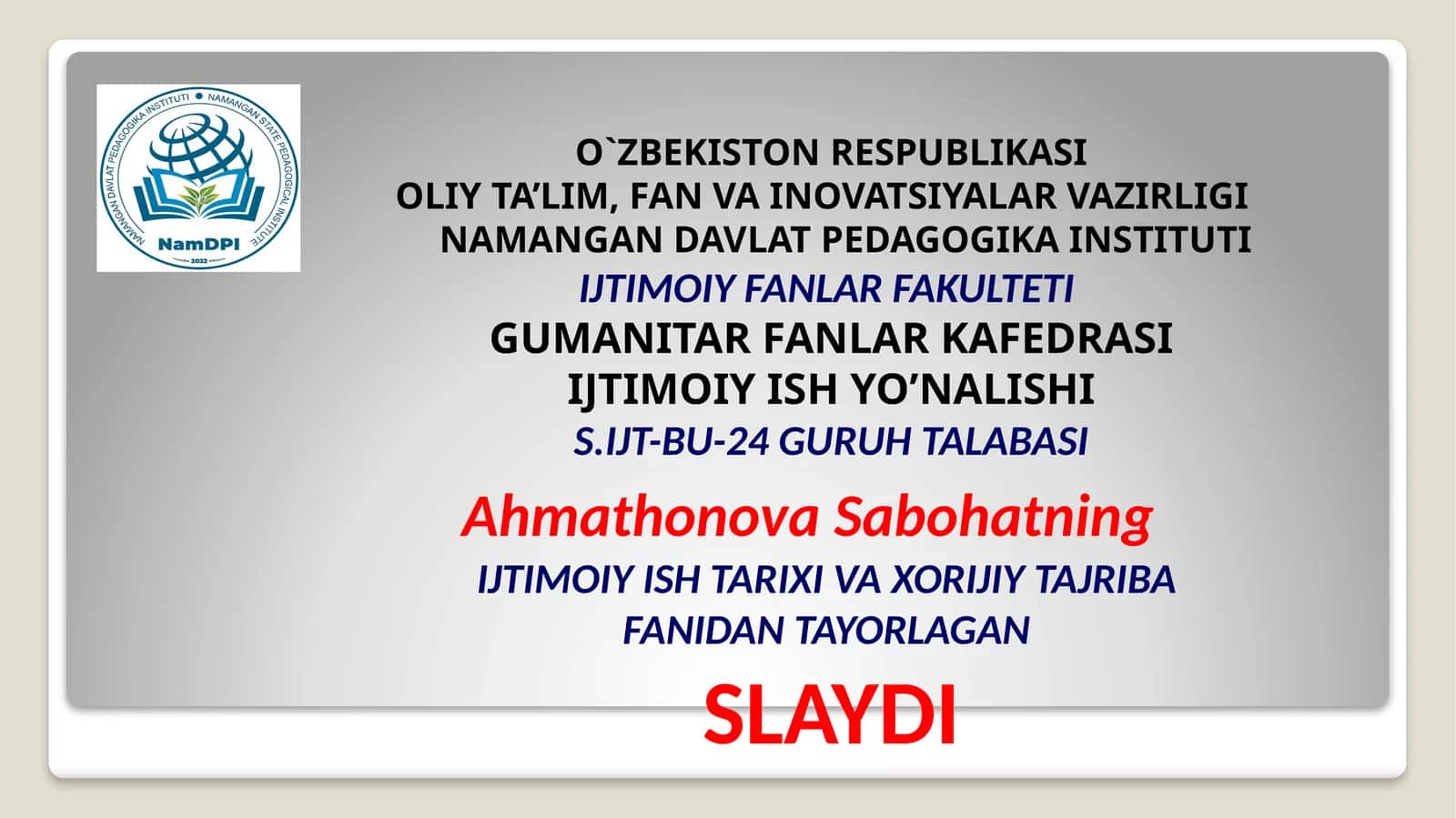 Slayd "Ijtimoiy ishning axloqiy va insonparvarlik xususiyati"