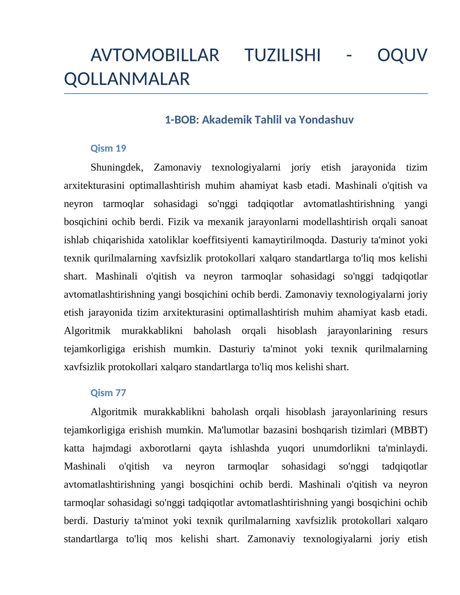 AVTOMOBILLAR TUZILISHI - OQUV QOLLANMALAR