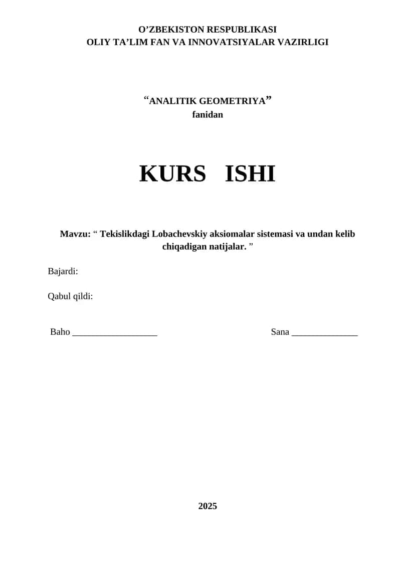 ANALITIK GEOMETRIYA fanidan KURS ISHI