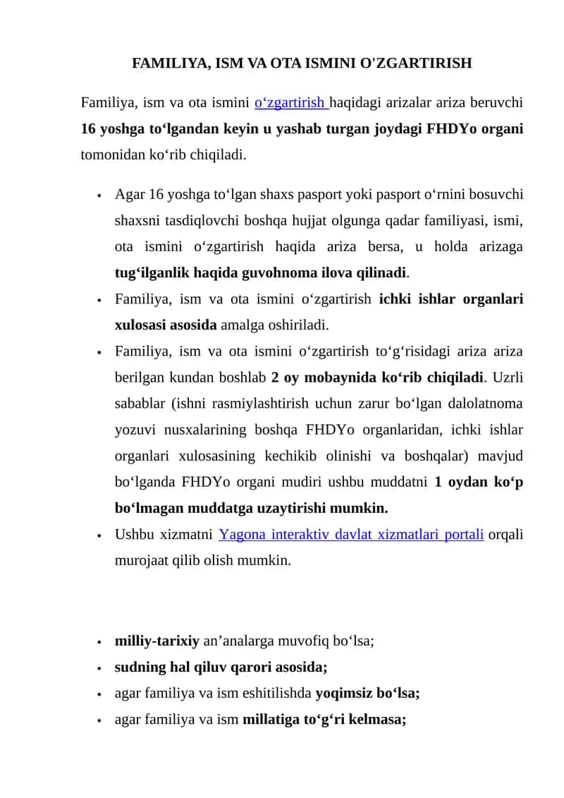 Familiya, ism va ota ismini o'zgartirish