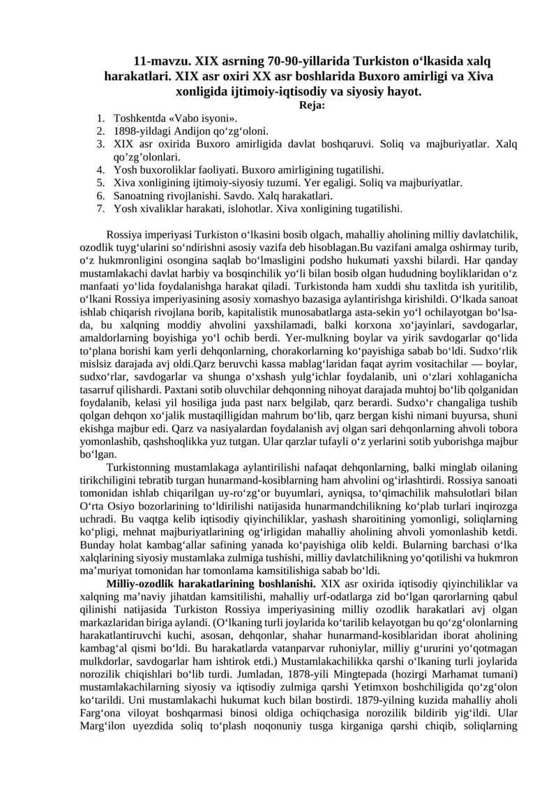 XIX asrning Turkiston o‘lkasida xalq harakatlari