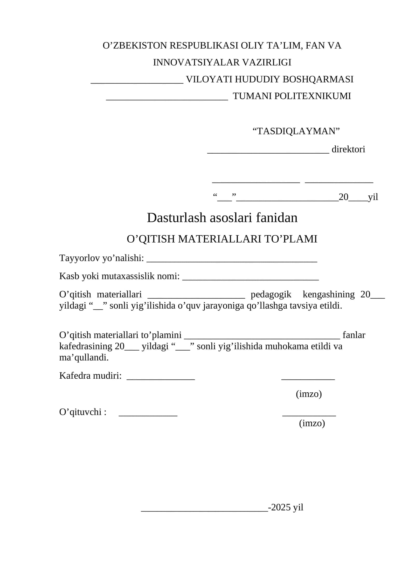 O’QITISH MATERIALLARI TO’PLAMI