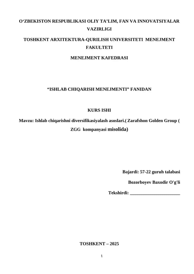 Kurs ishi "Ishlab chiqarish menejmenti"