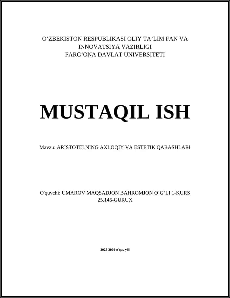 ARISTOTELNING AXLOQIY VA ESTETIK QARASHLARI
