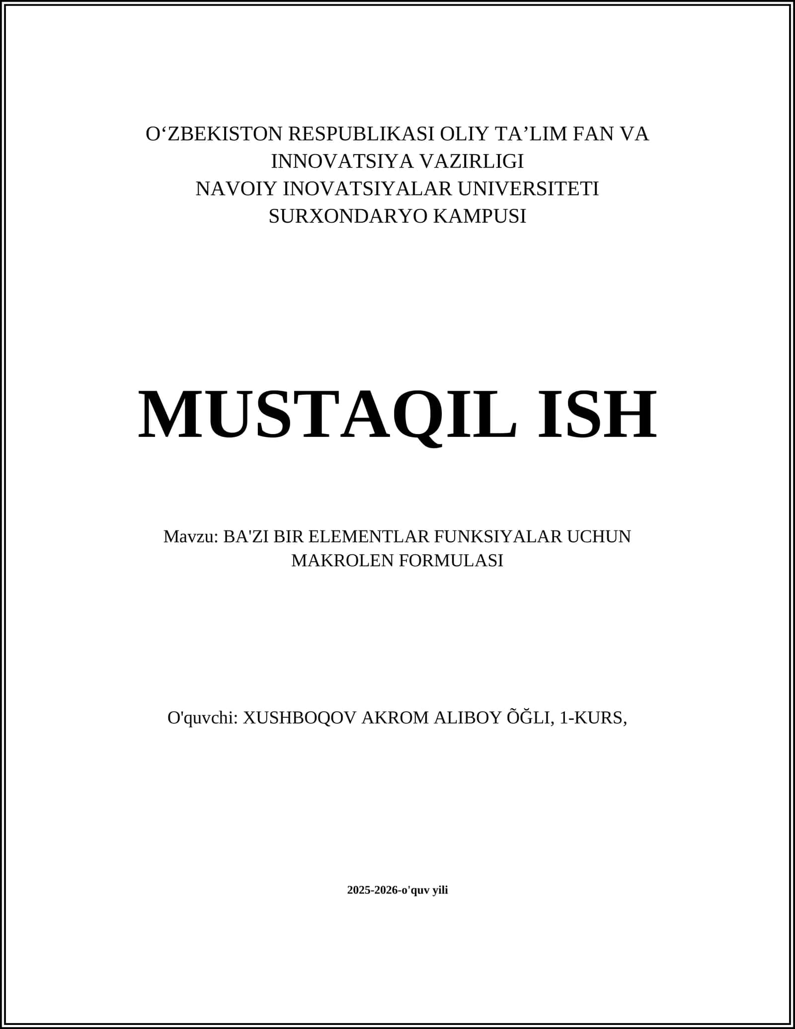 BA'ZI BIR ELEMENTLAR FUNKSIYALAR UCHUN MAKROLEN FORMULASI