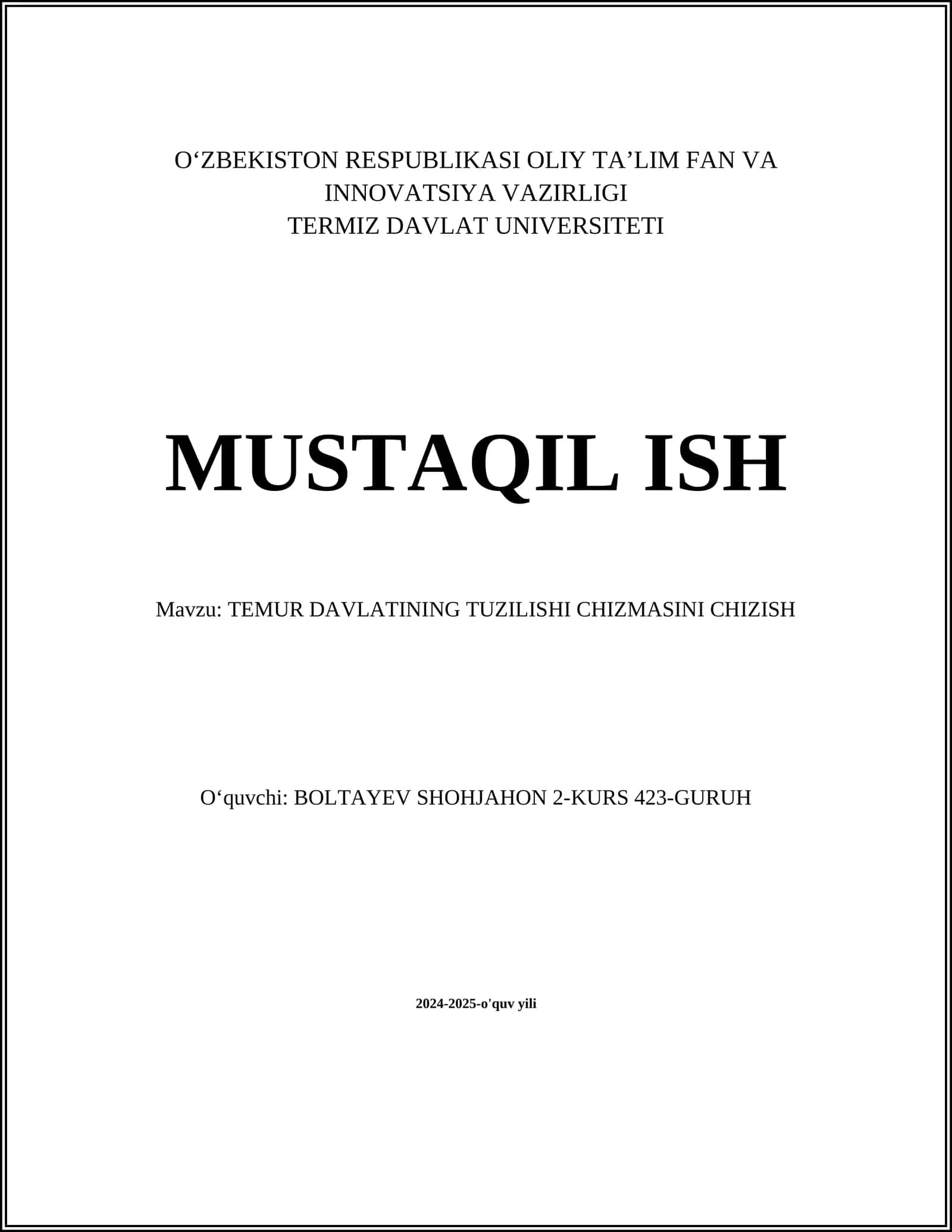 TEMUR DAVLATINING TUZILISHI CHIZMASINI CHIZISH