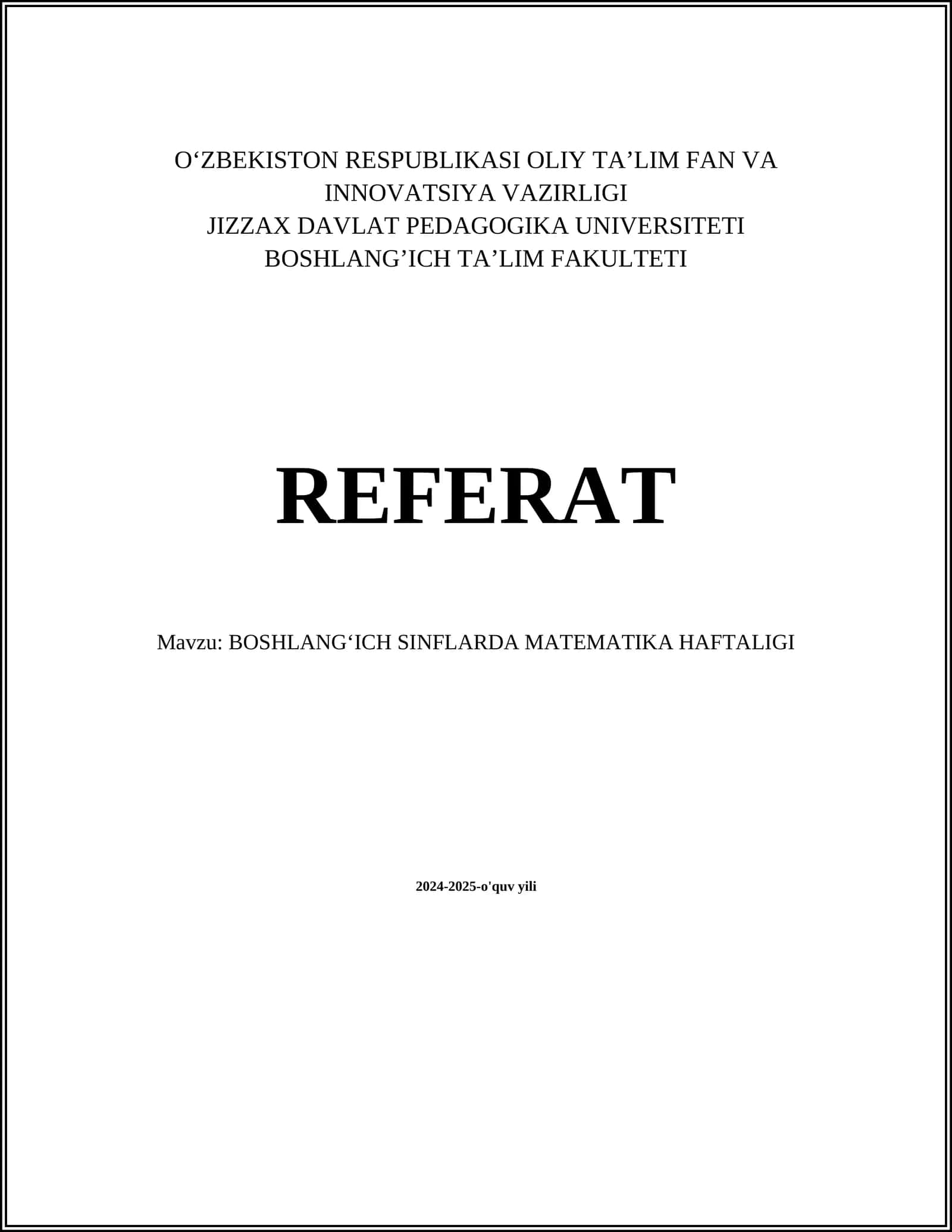 BOSHLANGʻICH SINFLARDA MATEMATIKA HAFTALIGI