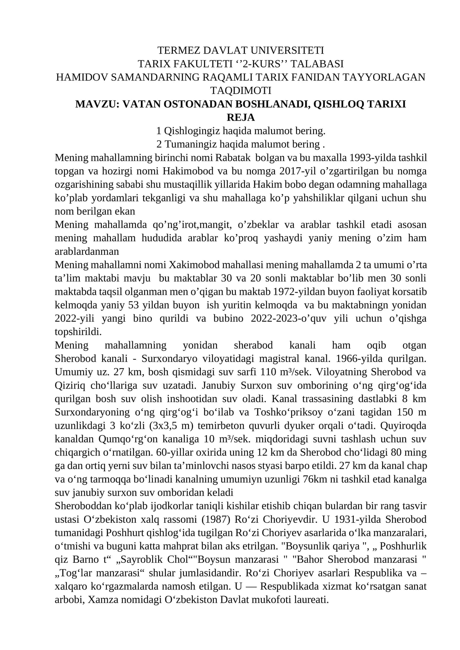 HAMIDOV SAMANDARNING RAQAMLI TARIX FANIDAN TAYYORLAGAN TAQDIMOTI