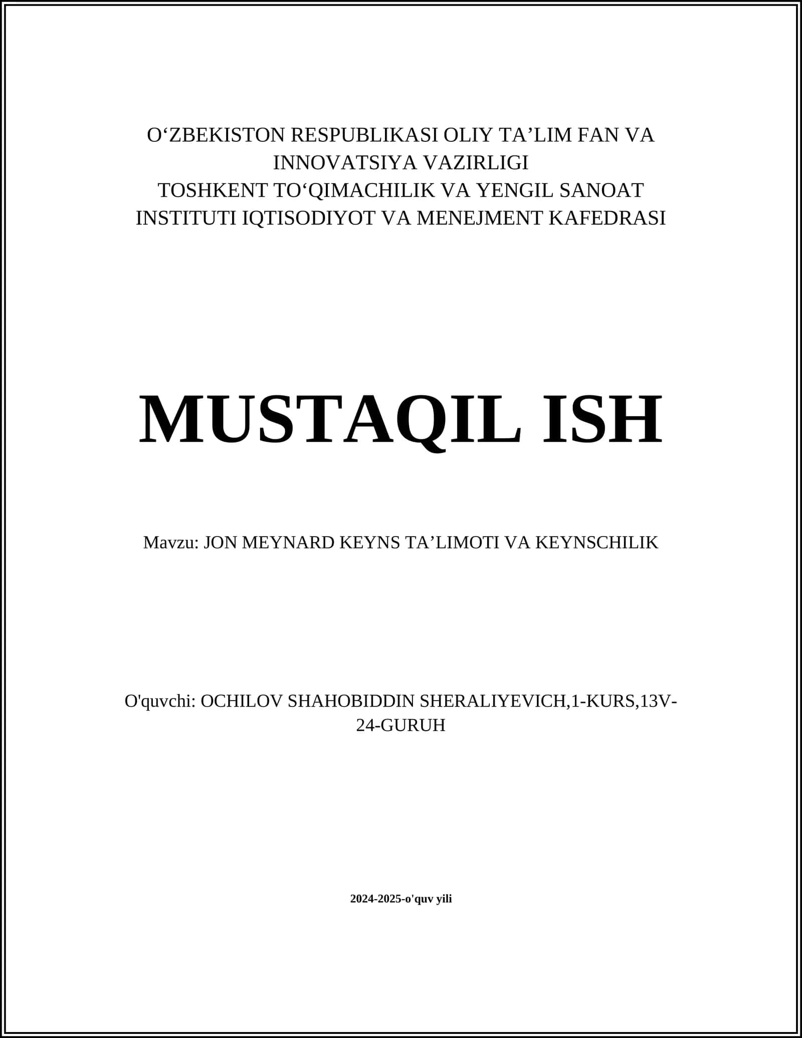 JON MEYNARD KEYNS TAʼLIMOTI VA KEYNSCHILIK