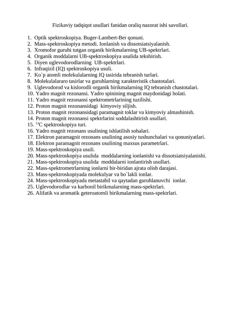 Fizikaviy tadqiqot usullari fanidan oraliq nazorat ishi savollari