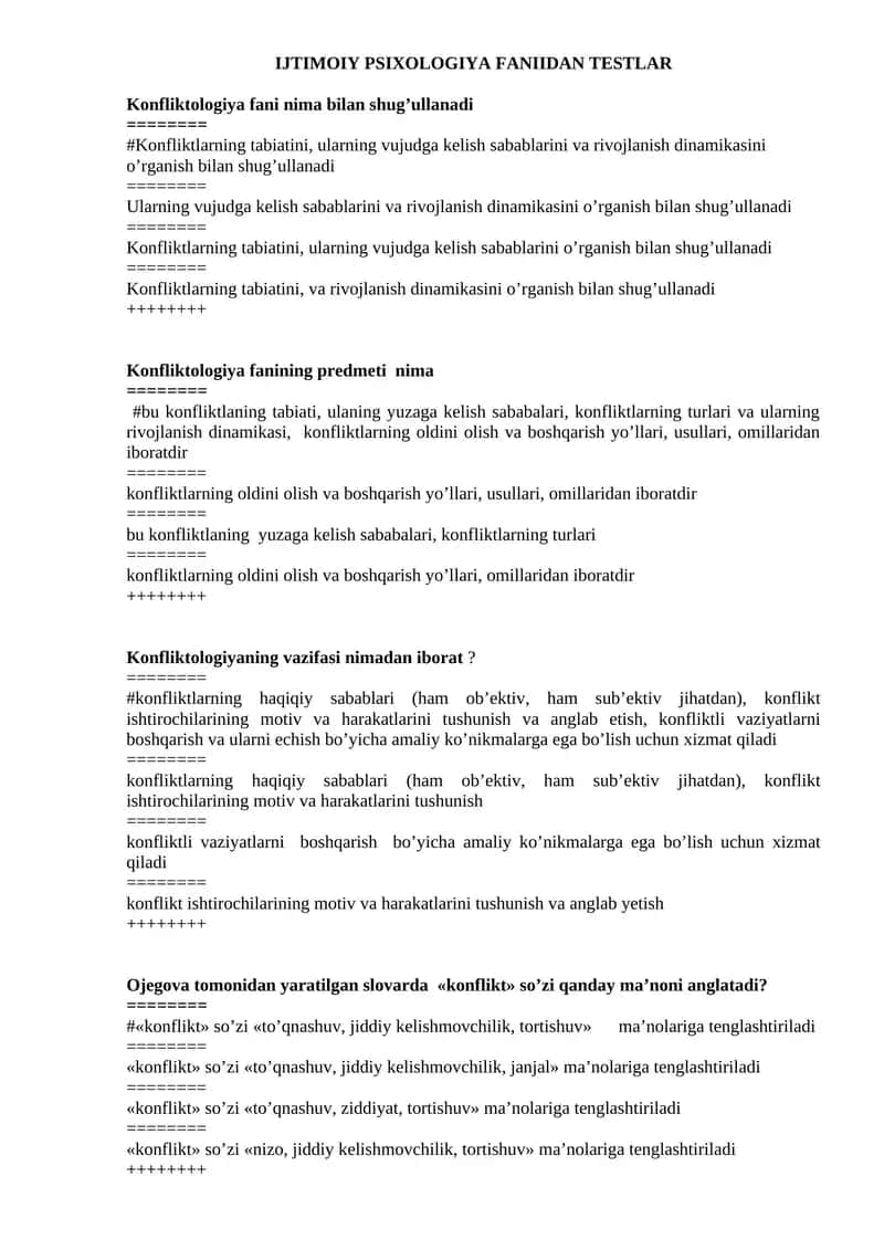 IJTIMOIY PSIXOLOGIYA FANIIDAN TESTLAR