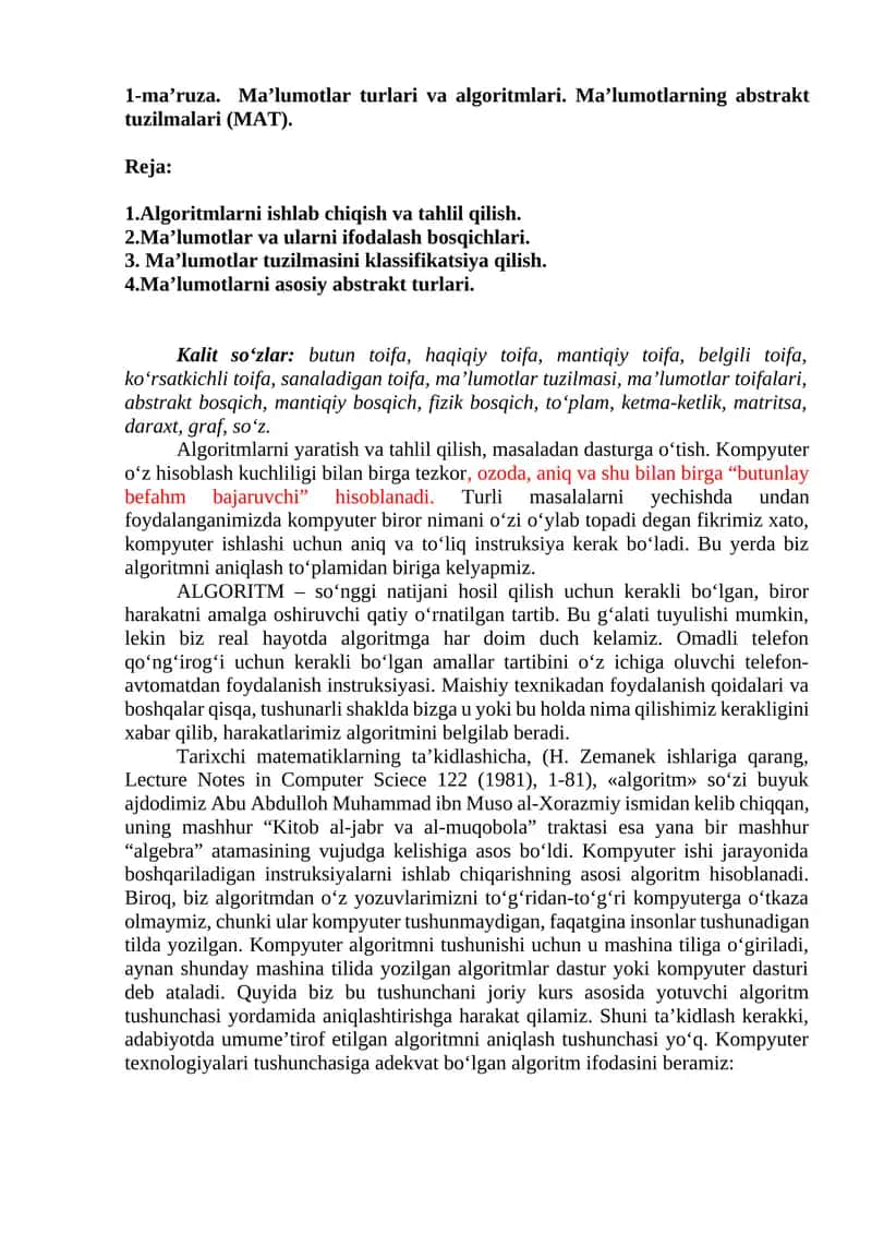 Algoritm va ma'lumotlar turlari