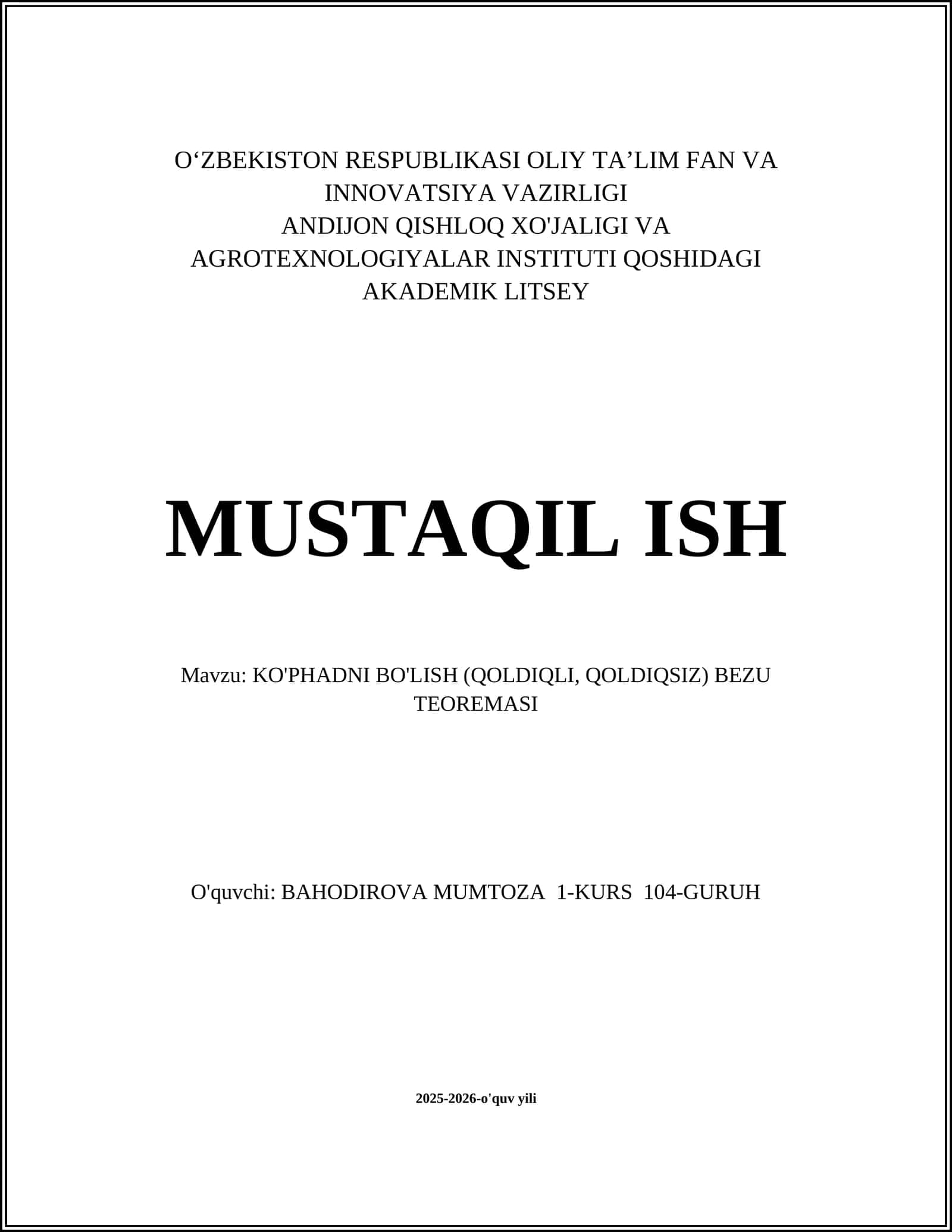 KO'PHADNI BO'LISH (QOLDIQLI, QOLDIQSIZ) BEZU TEOREMASI
