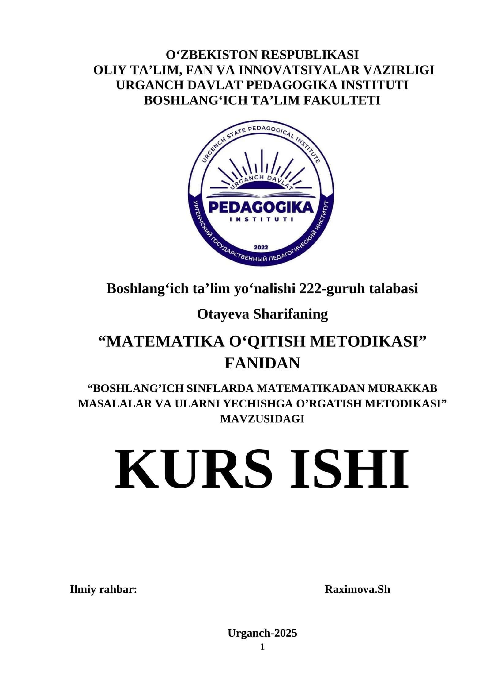 BOSHLANG’ICH SINFLARDA MATEMATIKADAN MURAKKAB MASALALAR VA ULARNI YECHISHGA O’RGATISH METODIKASI