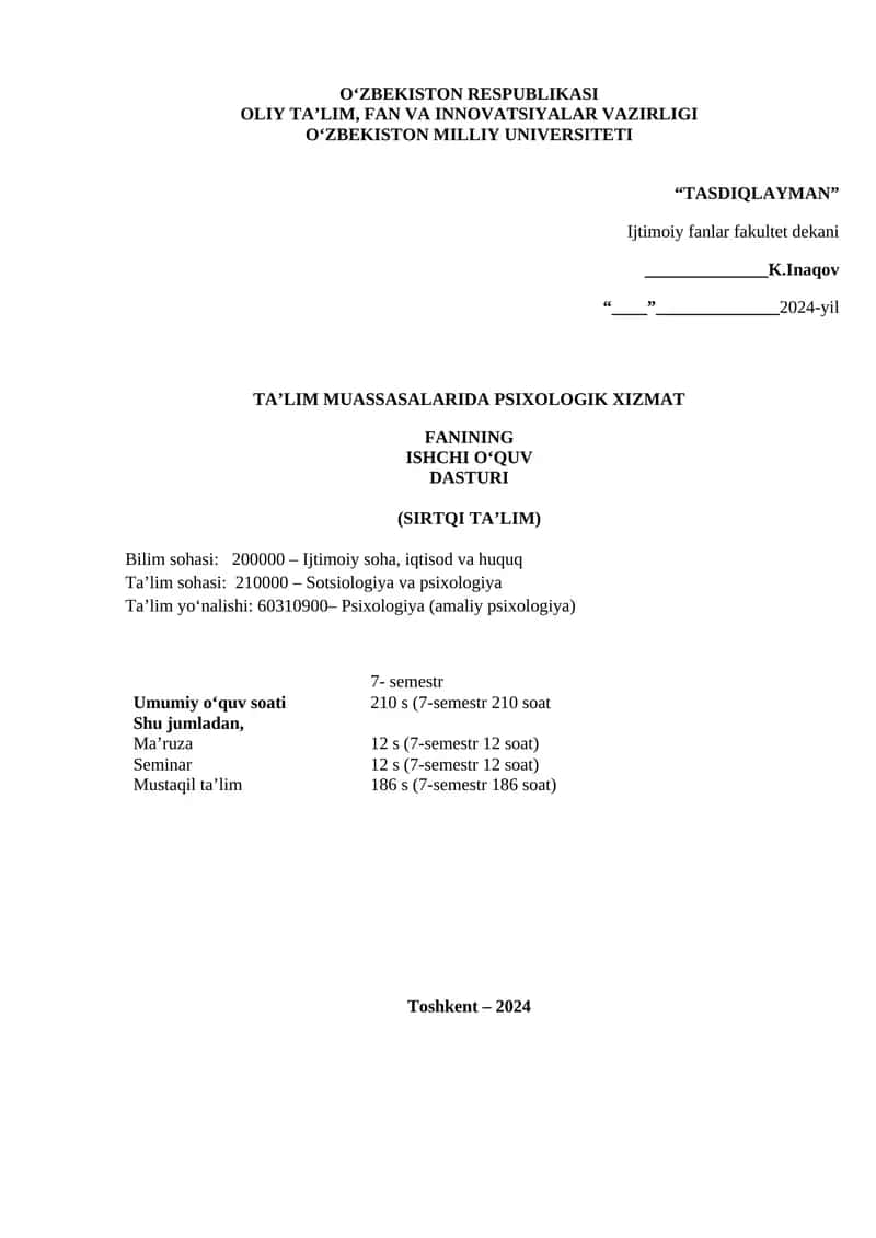 Ta'lim muassasalarida psixologik xizmat ishchi oʻquv dasturi