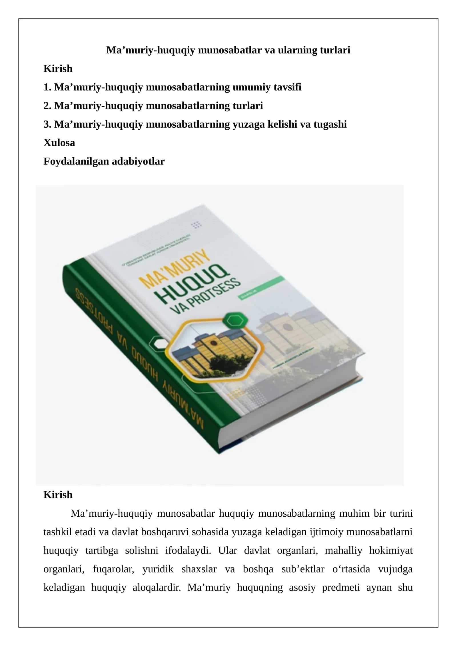Ma’muriy-huquqiy munosabatlar va ularning turlari