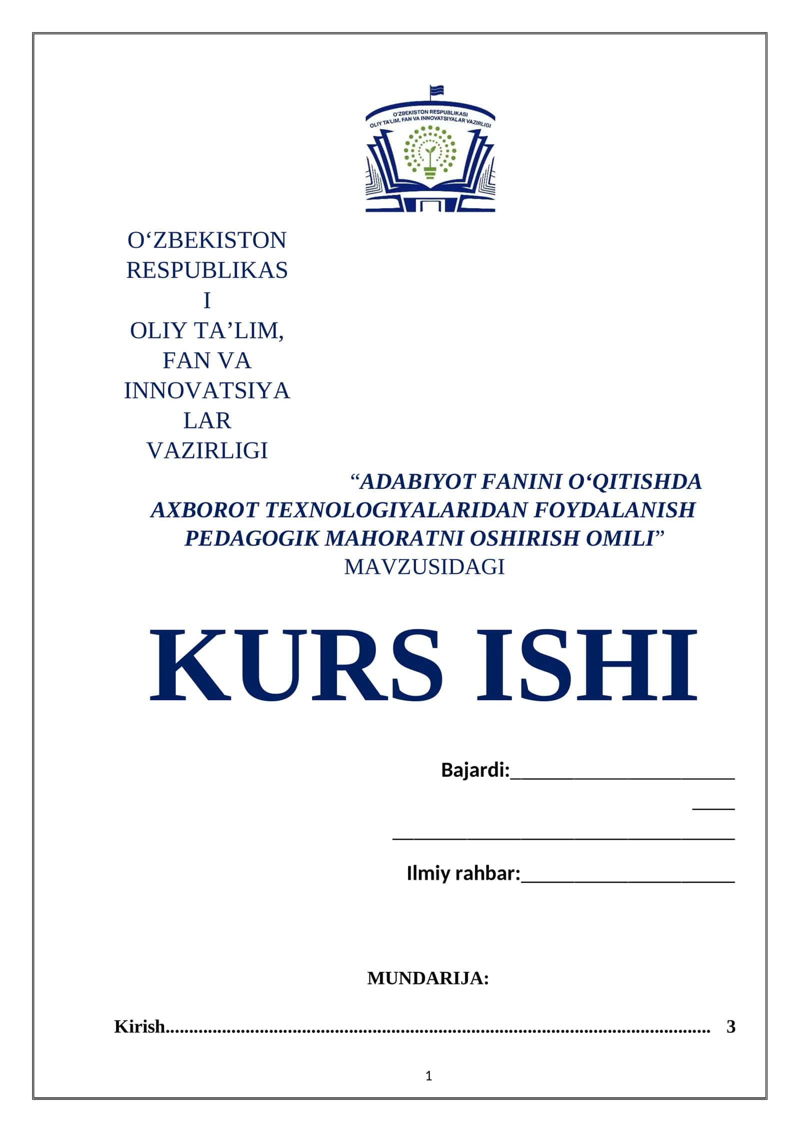 ADABIYOT FANINI OʻQITISHDA AXBOROT TEXNOLOGIYALARIDAN FOYDALANISH PEDAGOGIK MAHORATNI OSHIRISH OMILI MAVZUSIDA TAYYOR KURS ISHI