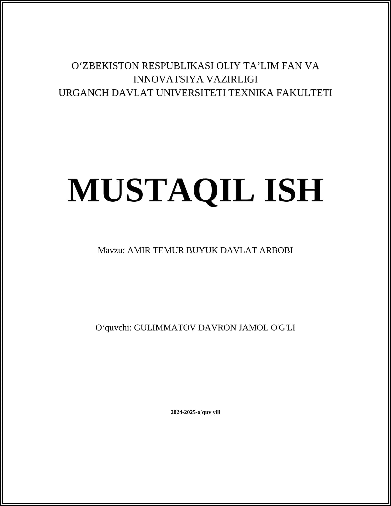 AMIR TEMUR BUYUK DAVLAT ARBOBI