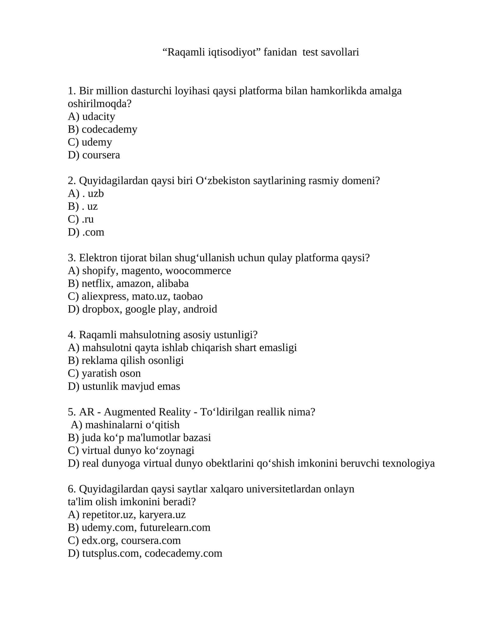 Raqamli iqtisodiyot fanidan test savollari
