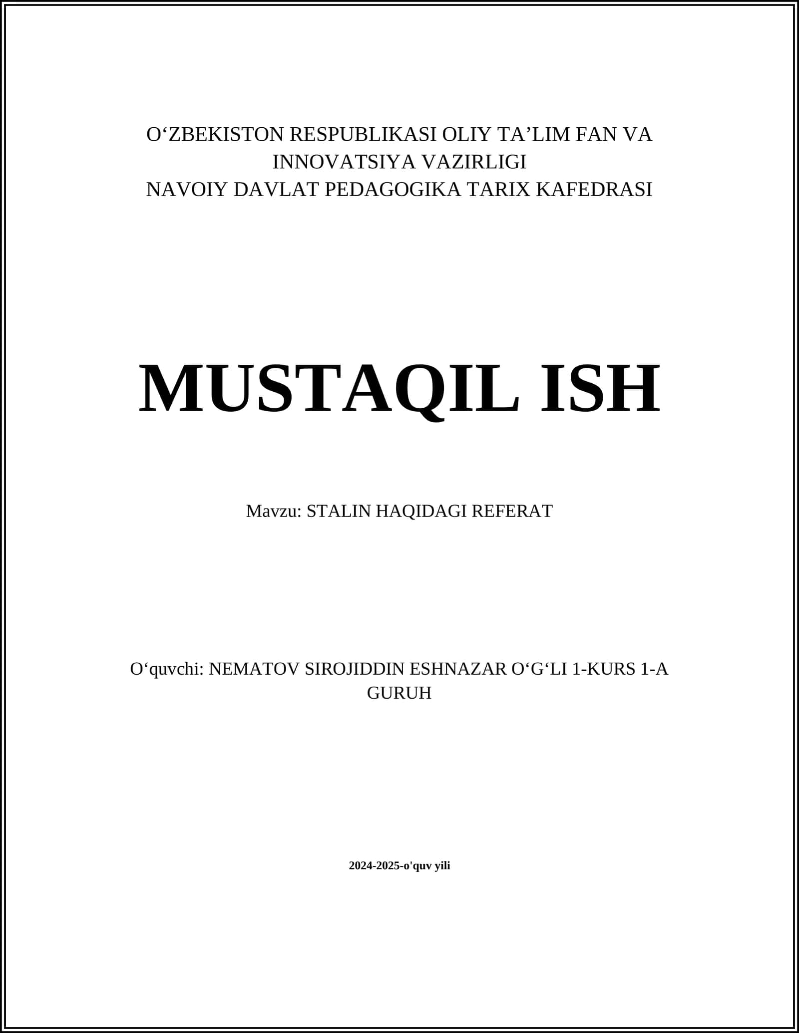 STALIN HAQIDAGI REFERAT