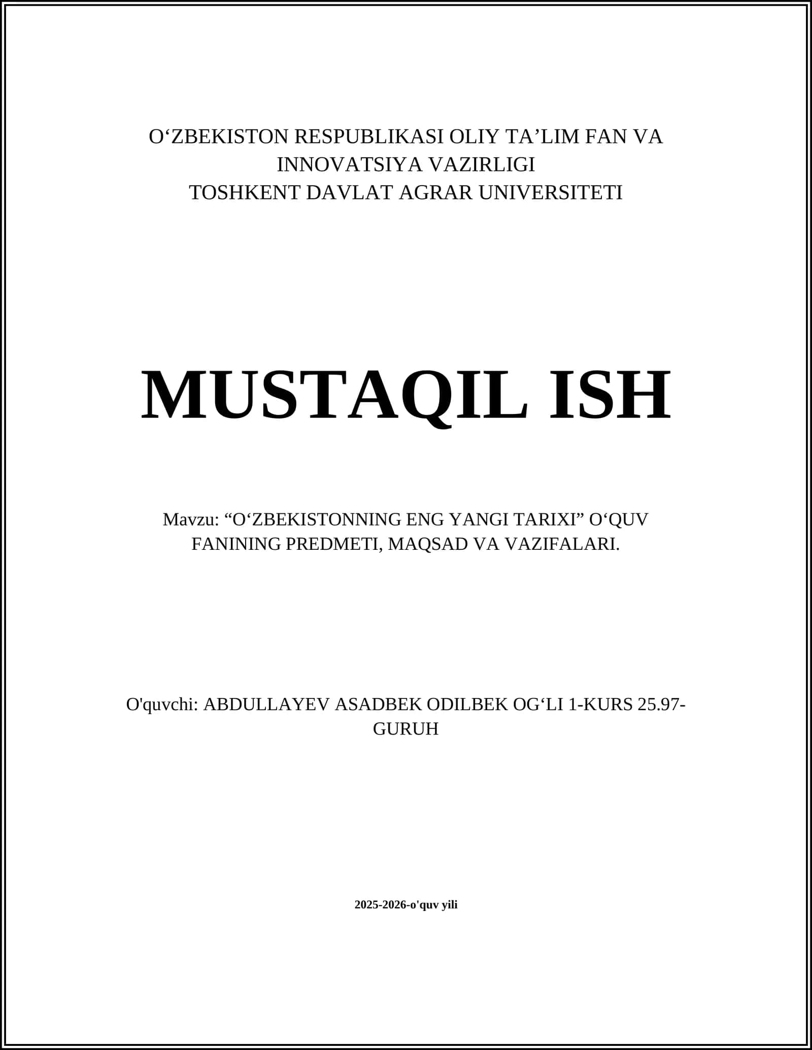 O'ZBEKISTONNING ENG YANGI TARIXI