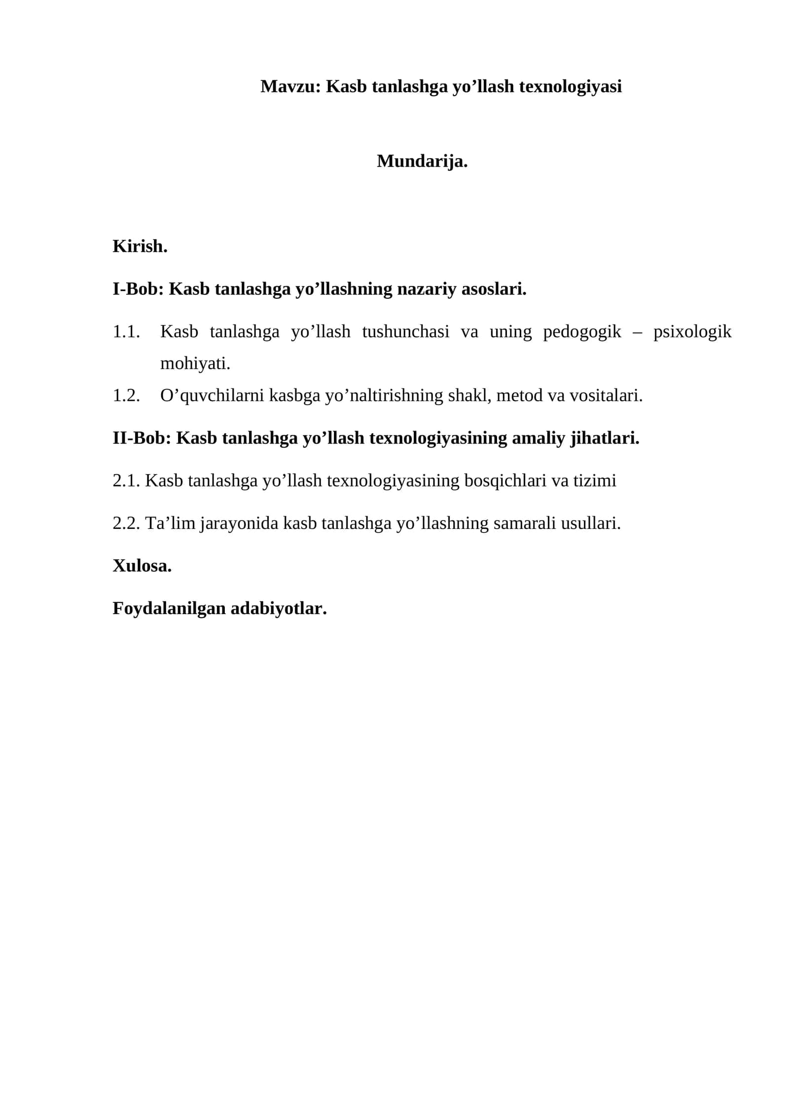 Kasb tanlashga yo’llash texnologiyasi