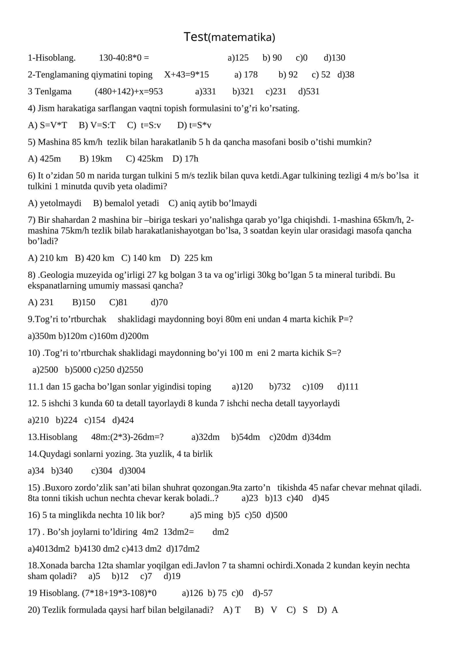 Matematika test