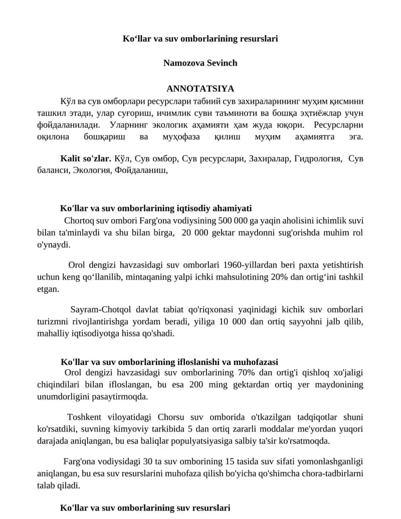 Koʻllar va suv omborlarining iqtisodiy ahamiyati