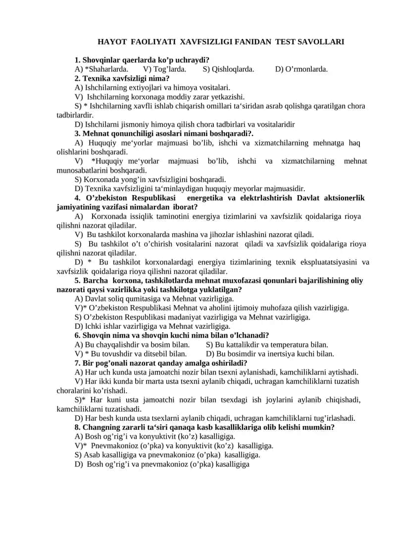 HAYOT FАОLIYATI ХАVFSIZLIGI FАNIDAN TEST SAVOLLARI