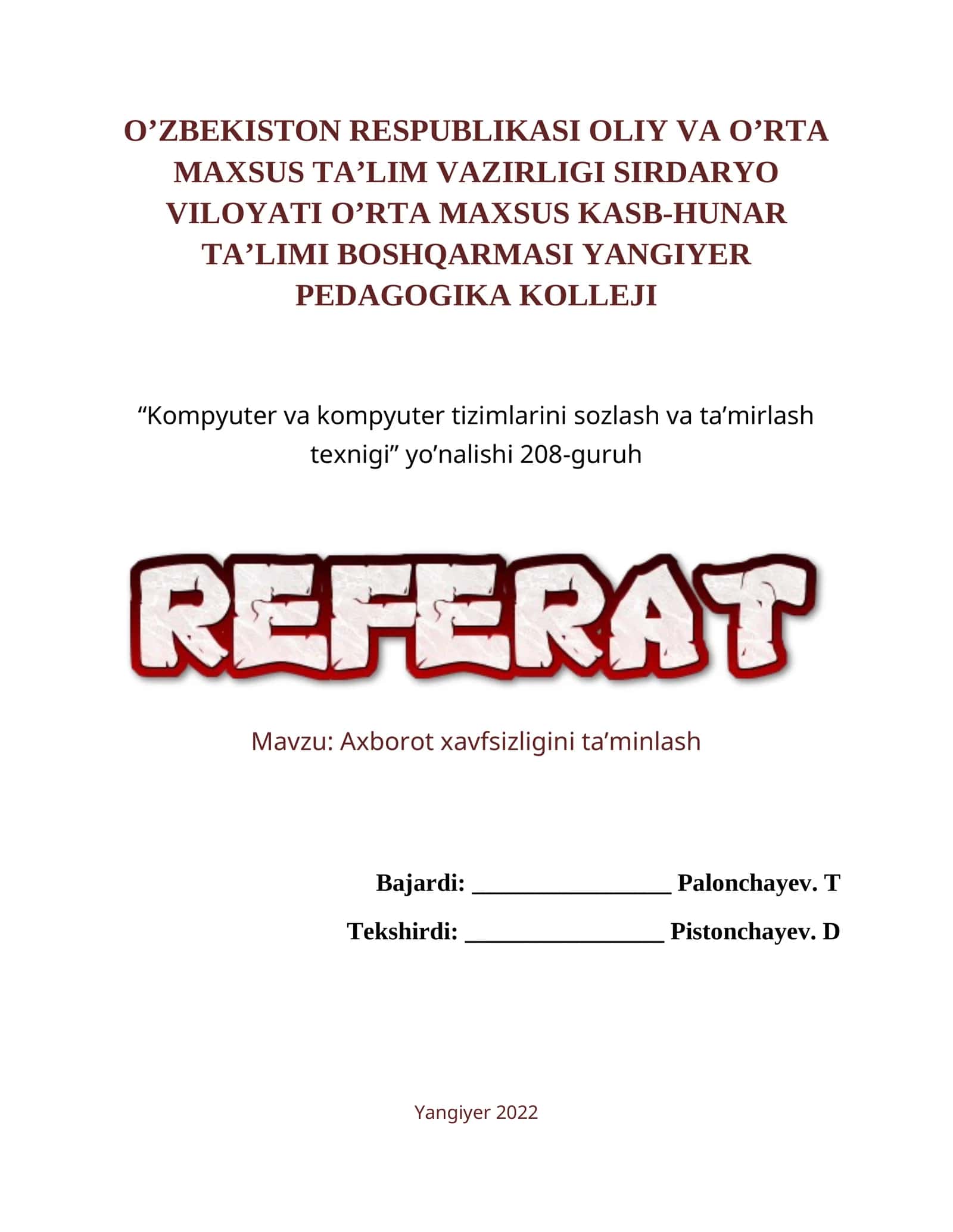 Kompyuter va kompyuter tizimlarini sozlash va ta’mirlash texnigi