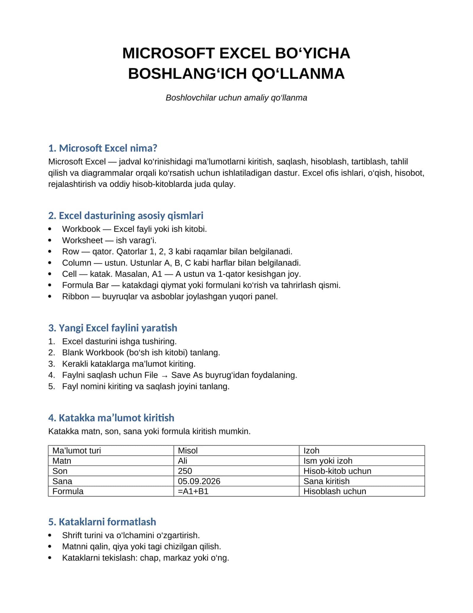MICROSOFT EXCEL BO‘YICHA BOSHLANG‘ICH QO‘LLANMA