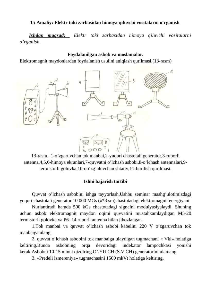15-Amaliy: Elektr toki zarbasidan himoya qiluvchi vositalarni o‘rganish