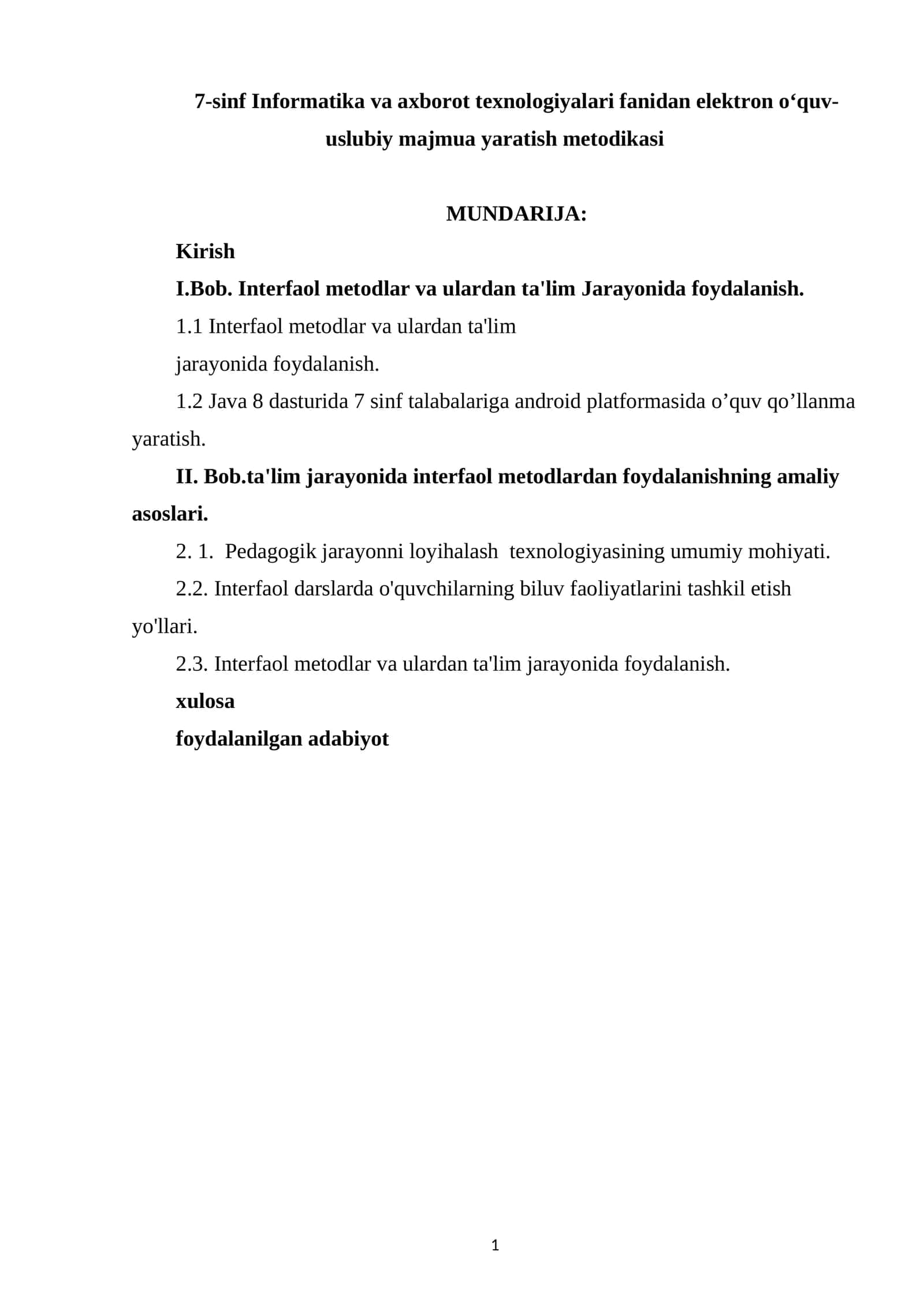 7-sinf Informatika va axborot texnologiyalari fanidan elektron o‘quv-uslubiy majmua yaratish metodikasi