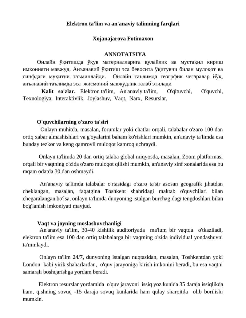 Elektron ta'lim va an'anaviy talimning farqlari