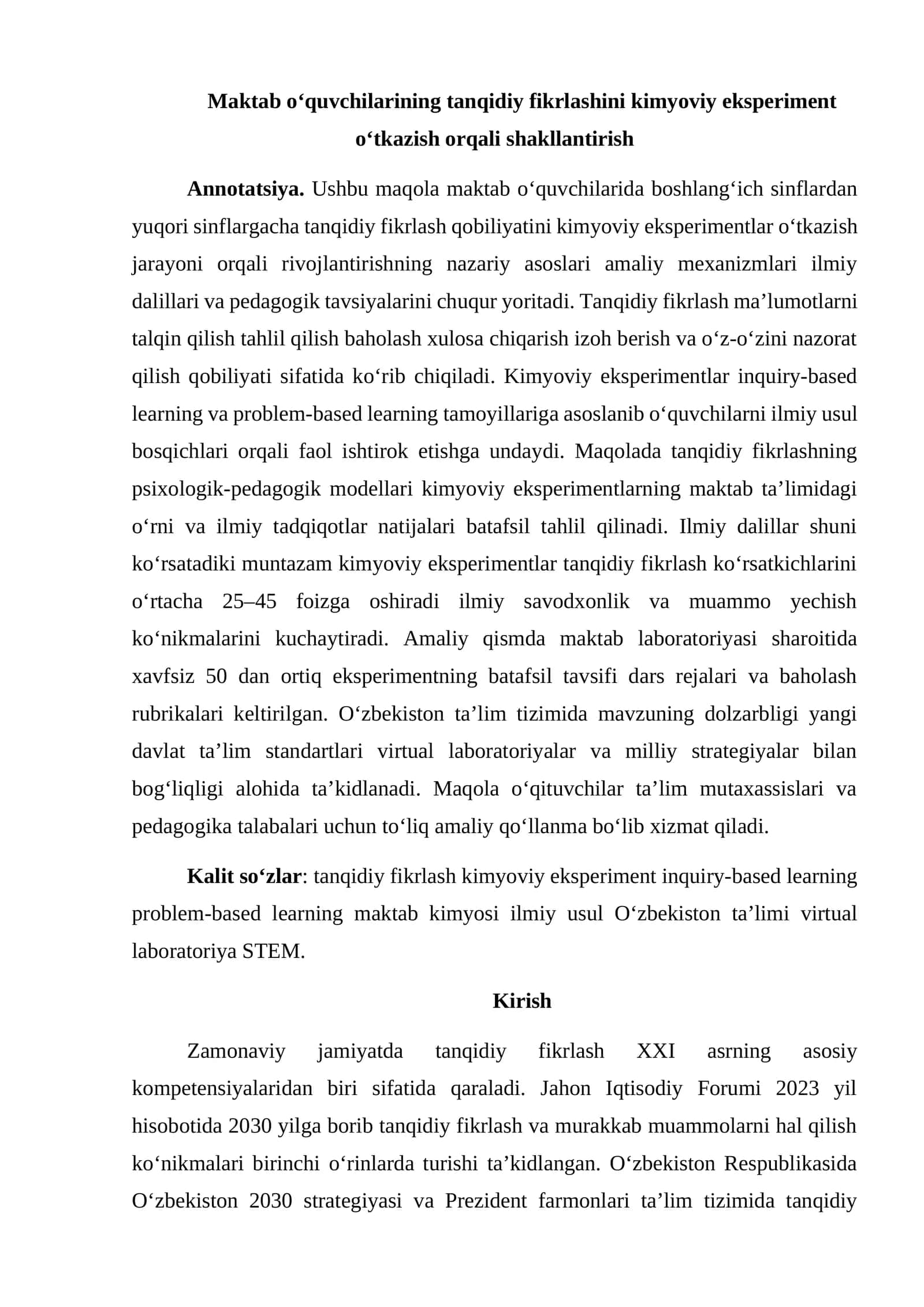 Tanqidiy fikrlashni kimyoviy eksperimentlar yordamida rivojlantirish