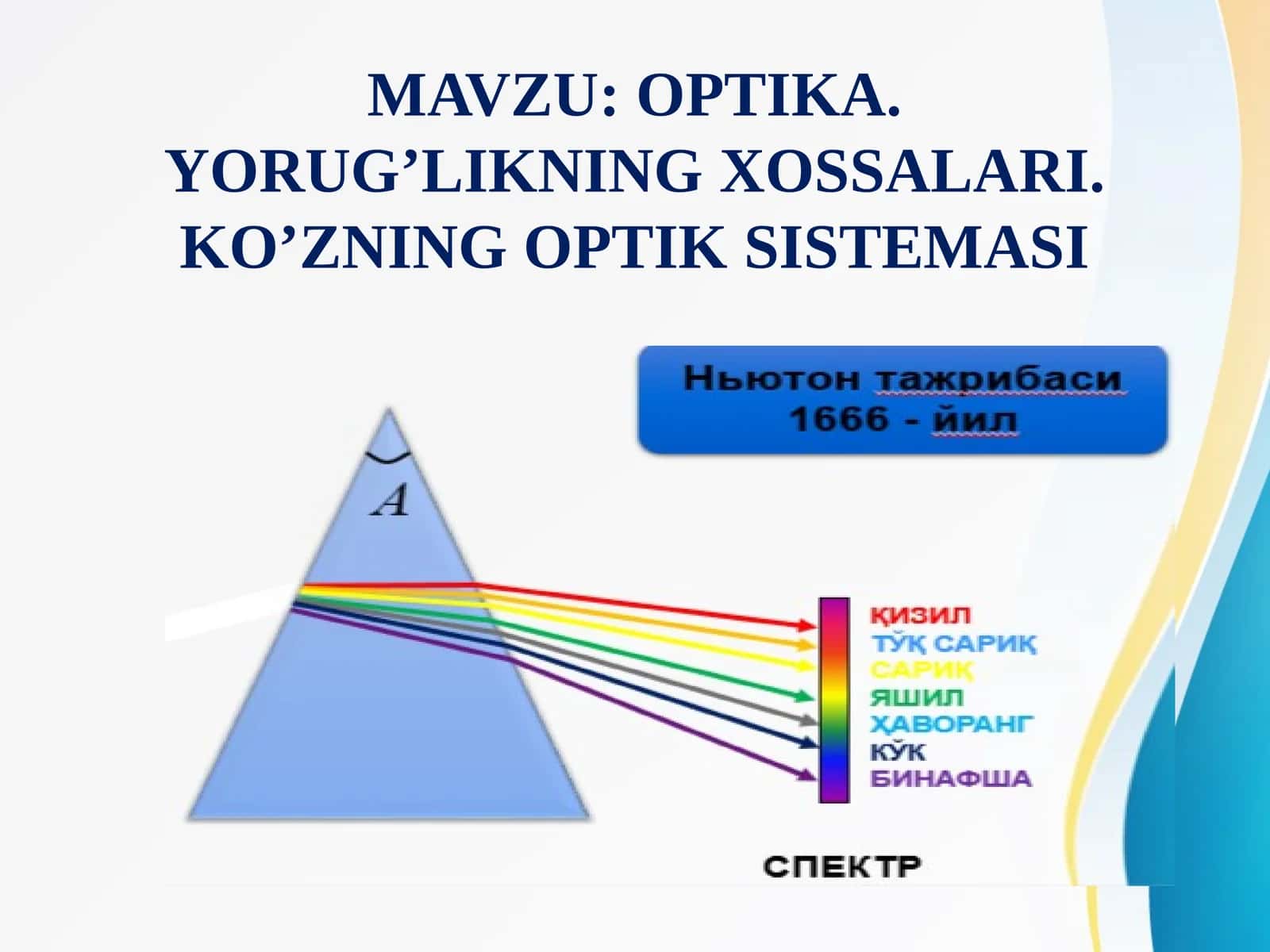 OPTIKA. YORUG’LIKNING XOSSALARI. KO’ZNING OPTIK SISTEMASI