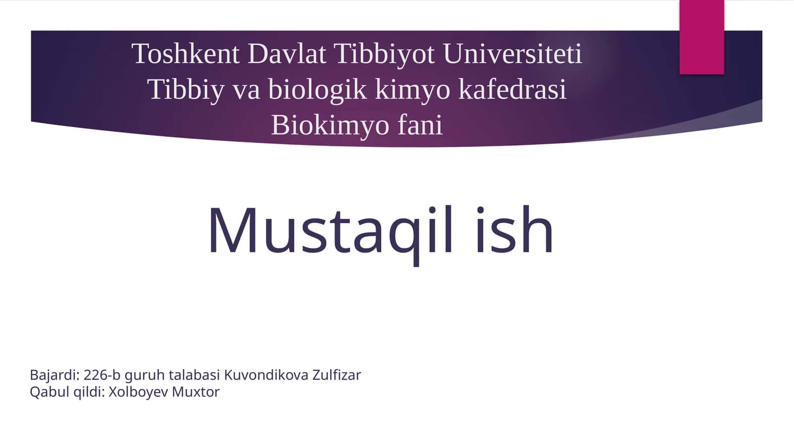 Pankreatit rivojlanishining biokimyoviy asoslari, davolash va diagnostika tamoyillari, ingichka ichakda parchalanish mahsulotlari so’rilishining buzilishi (seliakiya), kron kasalligi va yarali kolit rivojlanishining biokimyoviy asoslari
