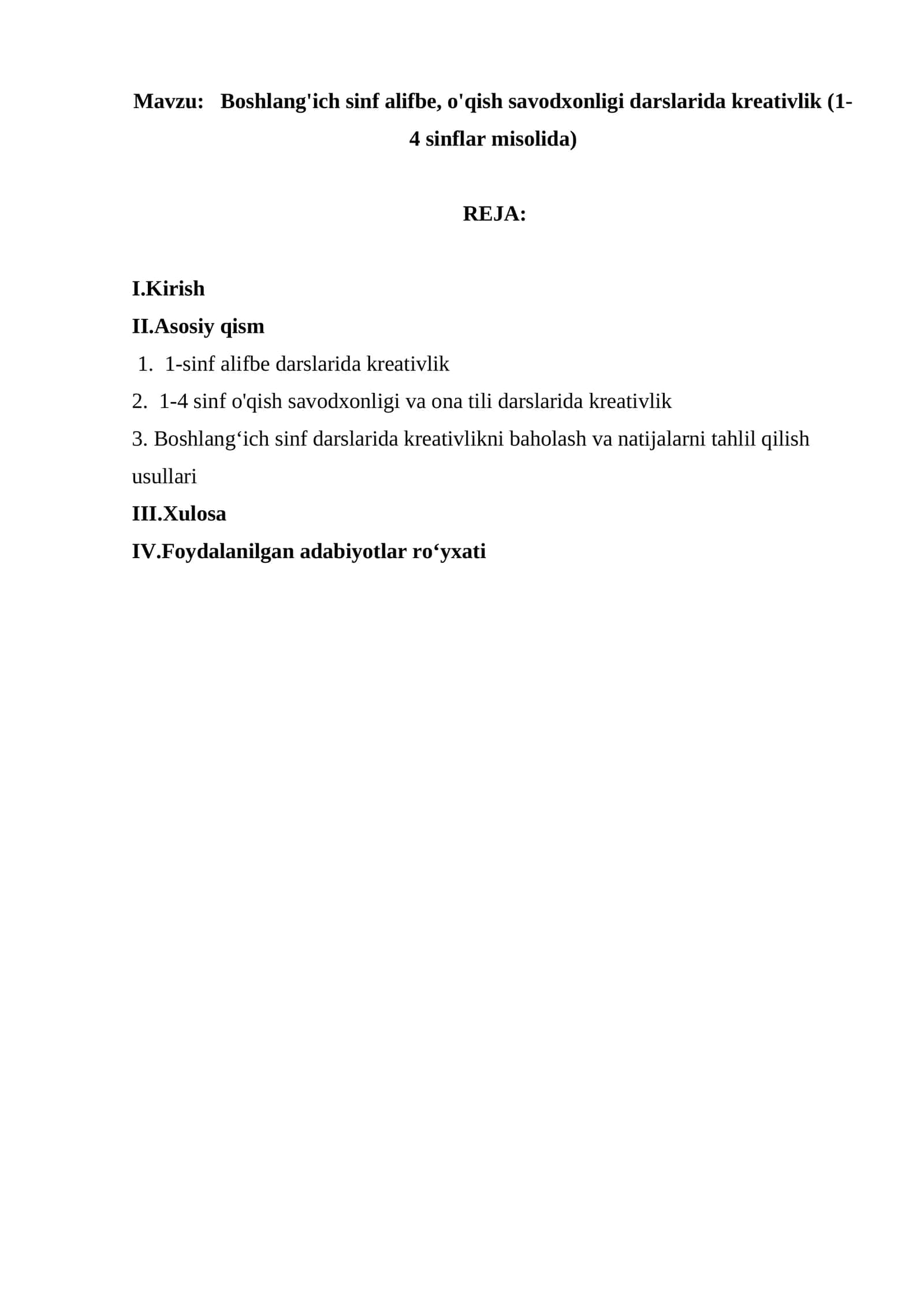 Boshlang'ich sinf alifbe, o'qish savodxonligi darslarida kreativlik (1-4 sinflar misolida)