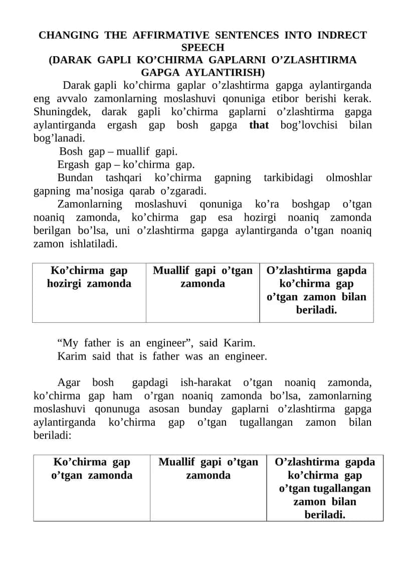 Darak gapli ko’chirma gaplar o’zlashtirma gapga aylantirish