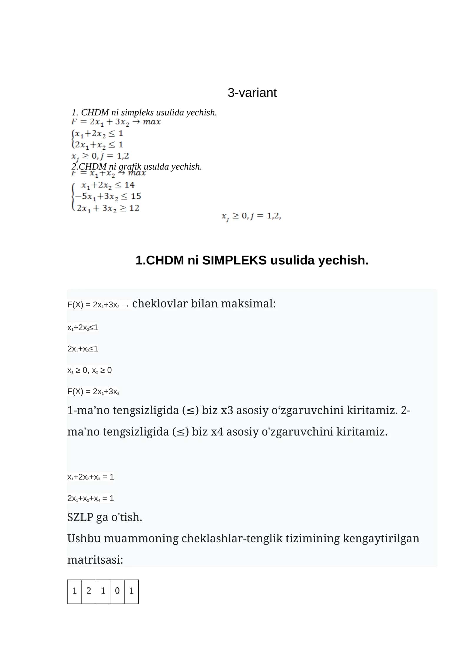 CHDM ni simpleks usulida yechish