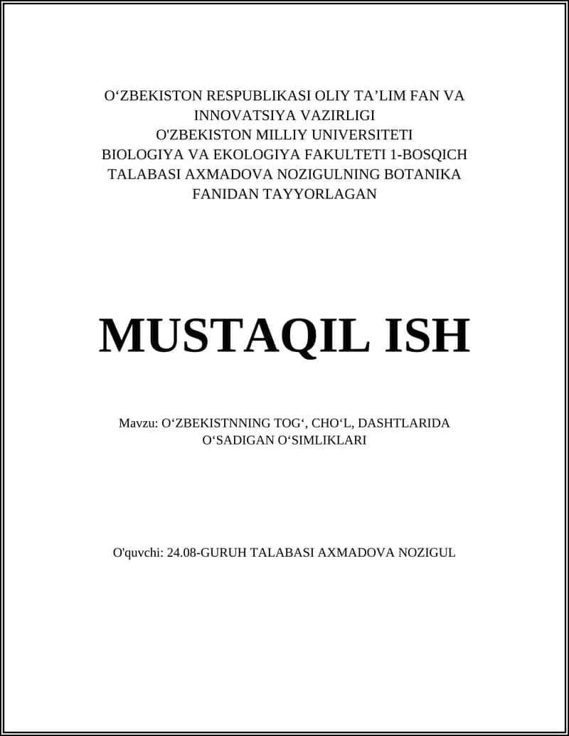 O‘ZBЕKISTNNING TOG‘, CHO‘L, DASHTLARIDA O‘SADIGAN O‘SIMLIKLARI