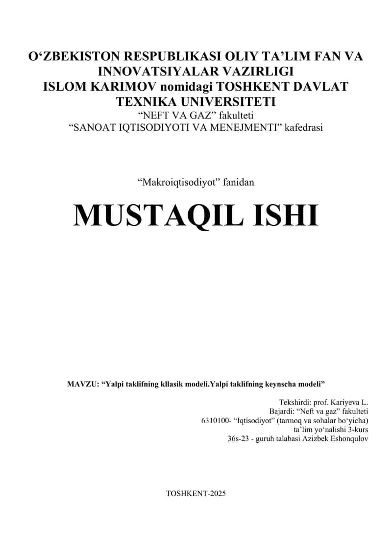 Yalpi Taklifning Klassik Modeli va Keynscha Modeli
