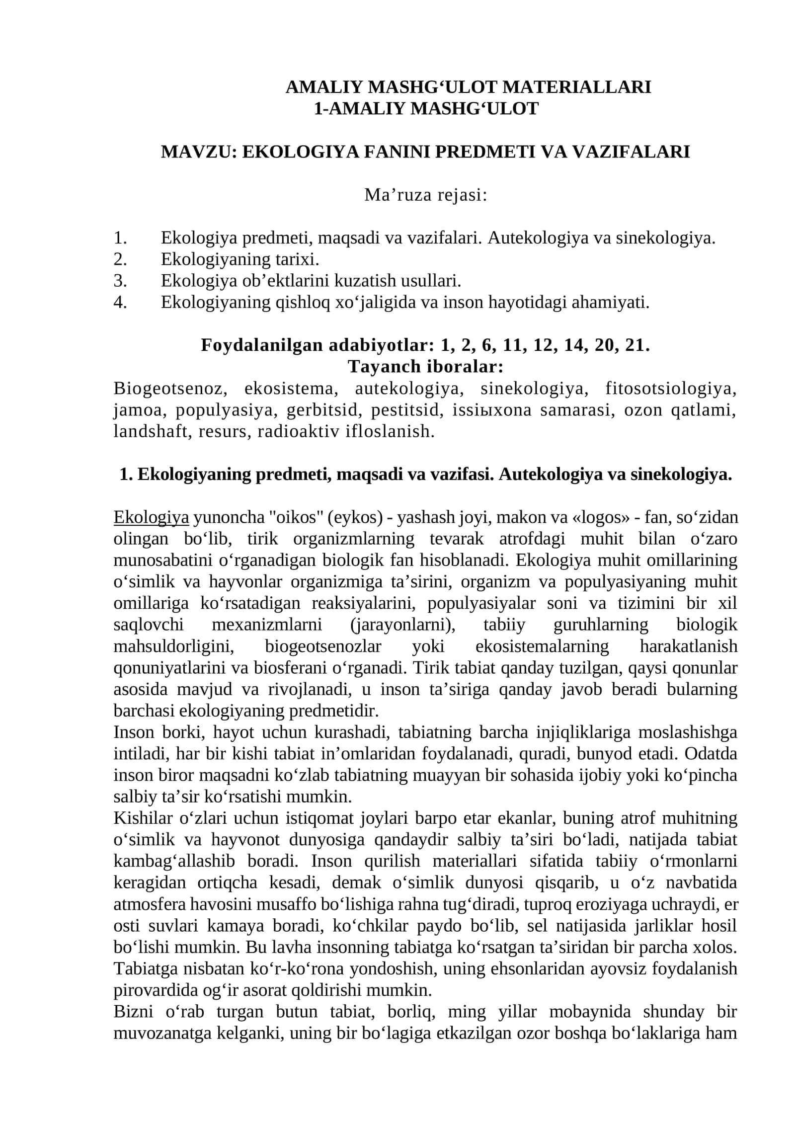 EKOLOGIYA FANINI PREDMETI VA VAZIFALARI