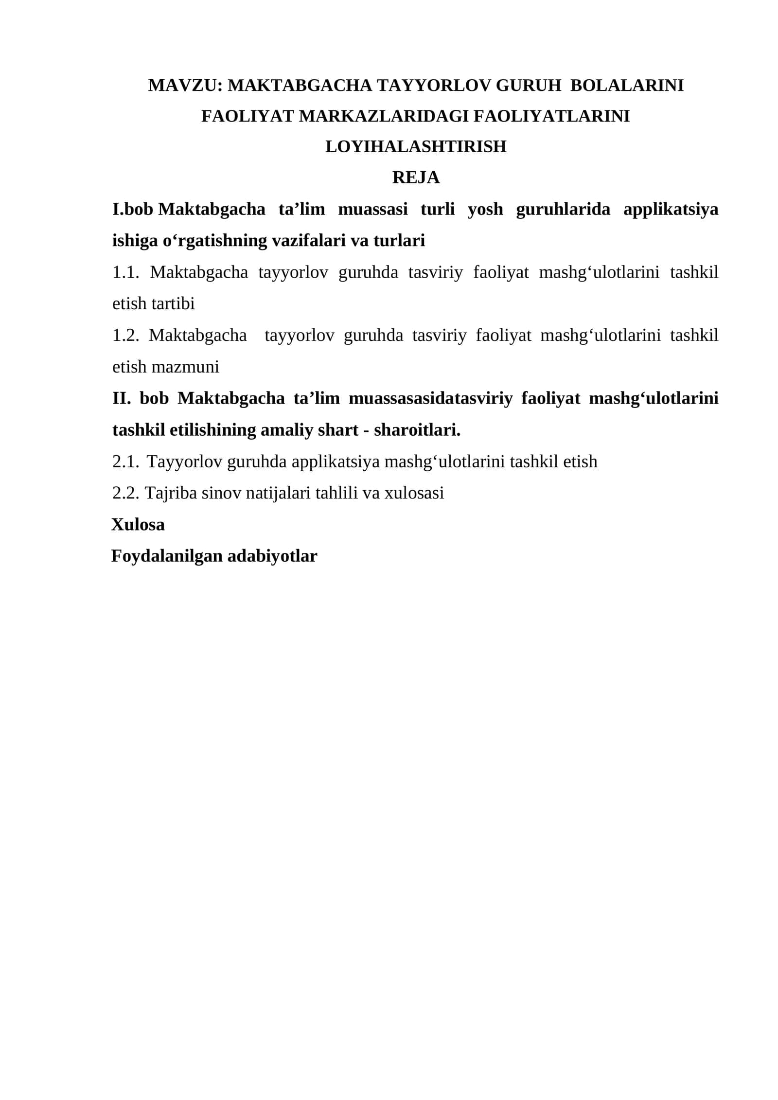 MAKTABGACHA TAYYORLOV GURUH BOLALARINI FAOLIYAT MARKAZLARIDAGI FAOLIYATLARINI LOYIHALASHTIRISH