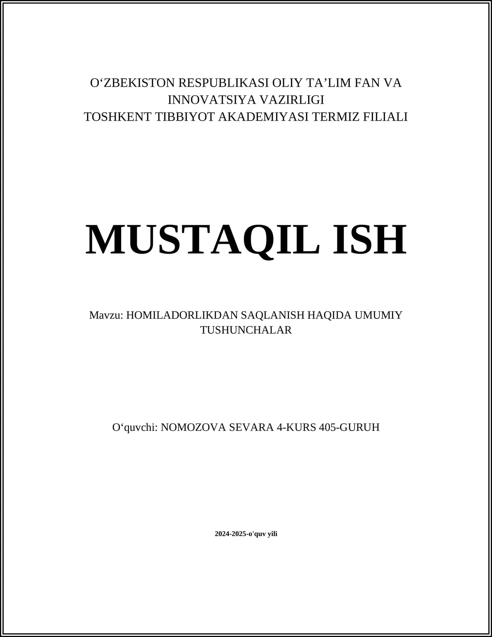 HOMILADORLIKDAN SAQLANISH HAQIDA UMUMIY TUSHUNCHALAR