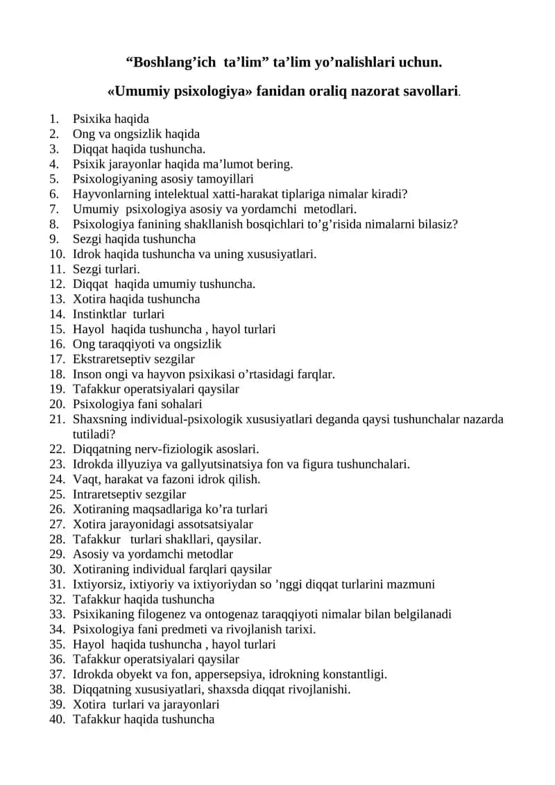 Umumiy psixologiya fanidan oraliq nazorat savollari